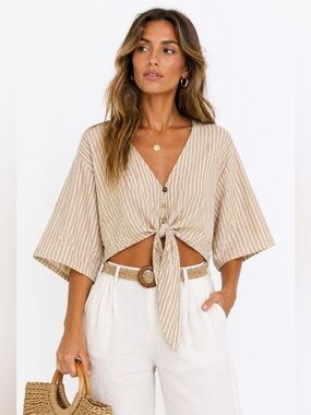 ZARA Linen Blend Tie Front Top Neutral Stripe Cropped Blouse Coastal Minimalist